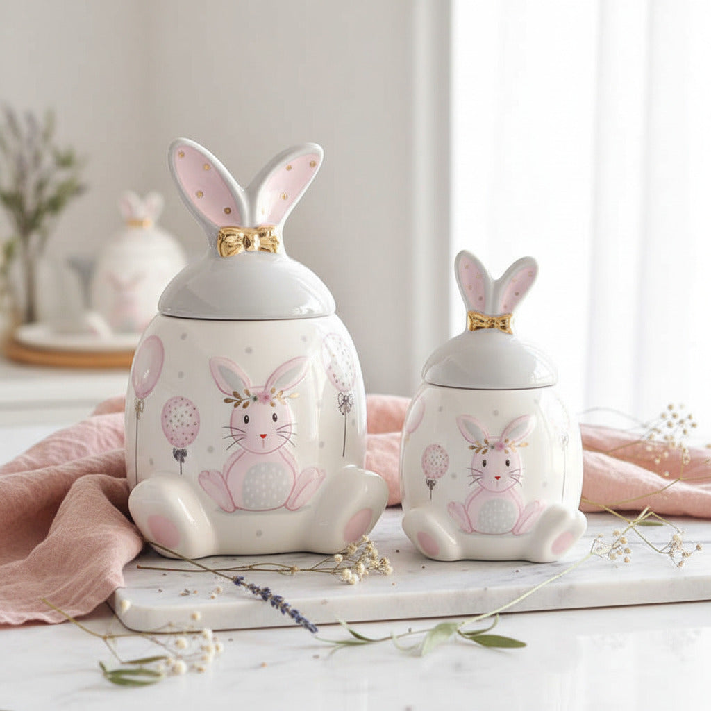 Pots lapins en céramique blanc avec couvercles , oreilles avec petit noeud, illustrations pastel, décoration de maison style naturel et tendre