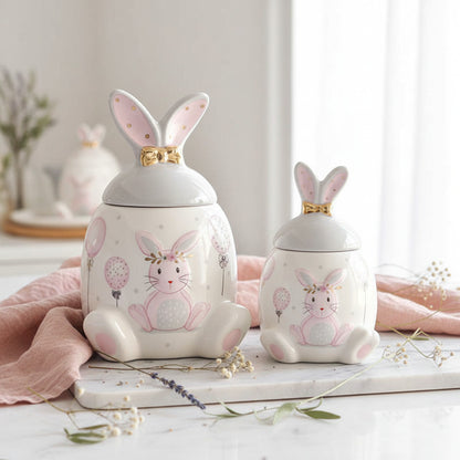 Pots lapins en céramique blanc avec couvercles , oreilles avec petit noeud, illustrations pastel, décoration de maison style naturel et tendre