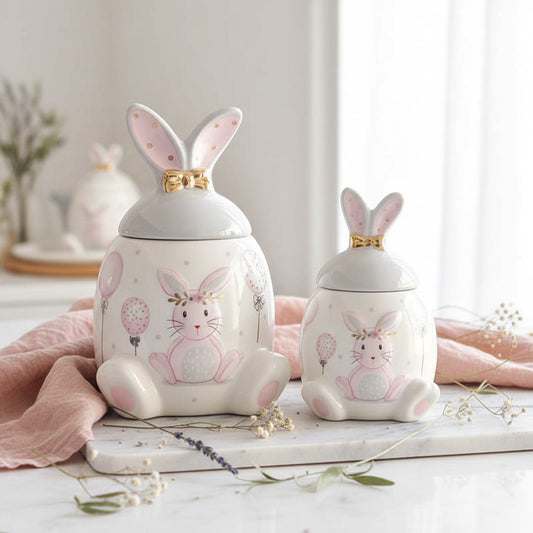 Pots lapins en céramique blanc avec couvercles , oreilles avec petit noeud, illustrations pastel, décoration de maison style naturel et tendre