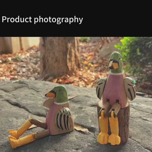Figurine Canard Colvert Articulée en Bois – Gardien d'Étagère Sculpté à la Main