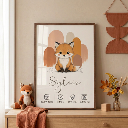 Renard Sylvio dans le cadre marron posé sur une commode