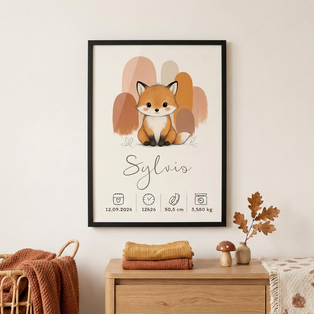Renard Sylvio dans le cadre noir au mur