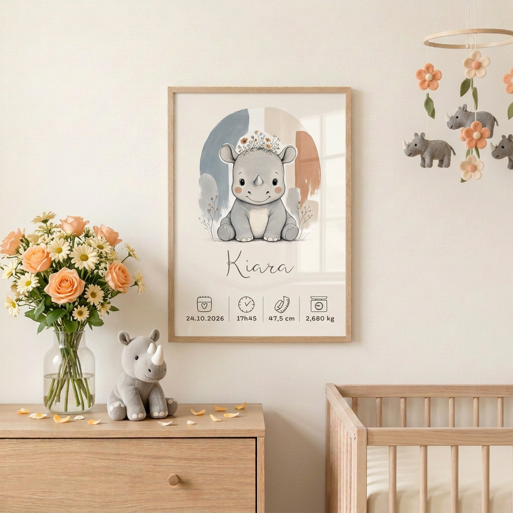 Rhinocéros Kiara dans une chambre de bébé, décoration assortie bleu doux et pêche