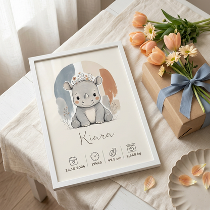 Rhinocéros Kiara en cadre blanc présenté en cadeau