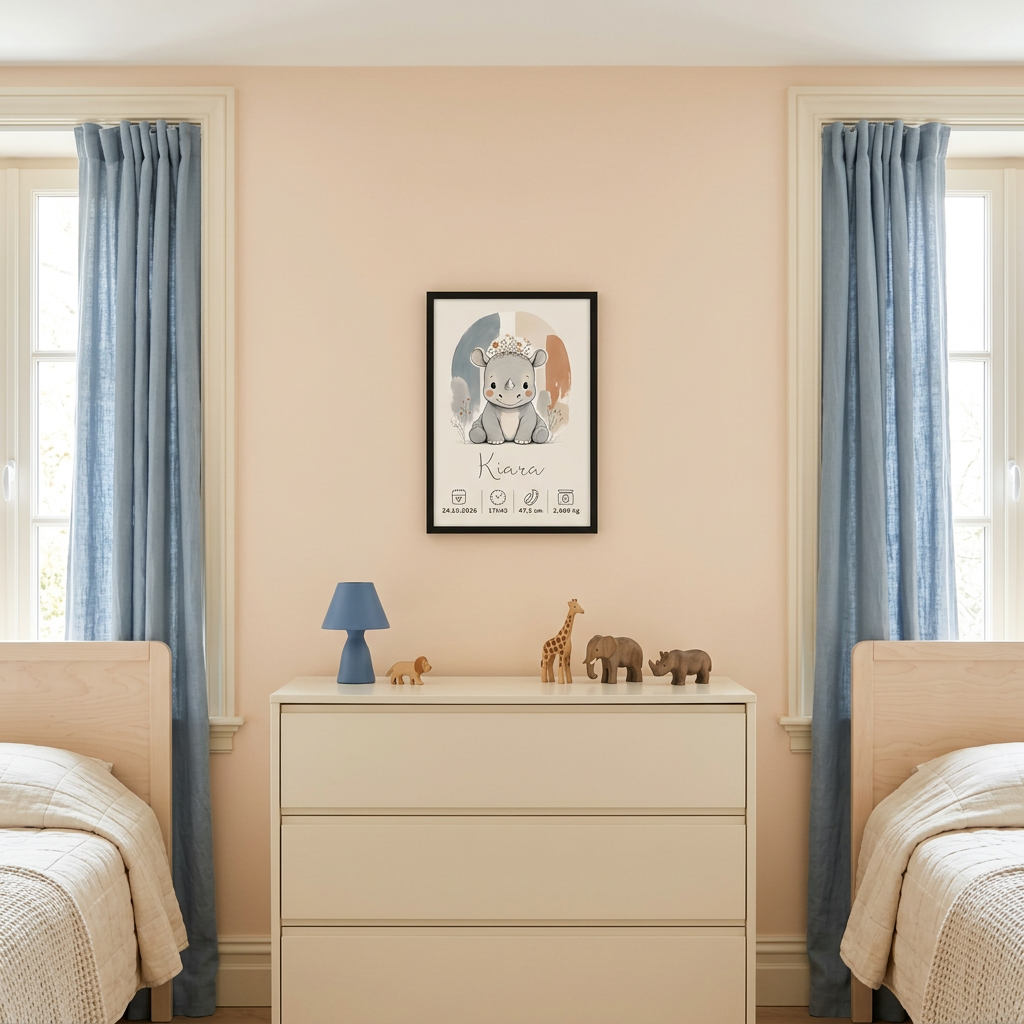 Rhinocéros Kiara en petit cadre noir centré au mur, chambre pêche et bleu doux