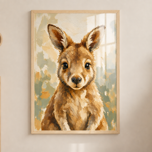 Tableau kangourou sous plexiglas avec cadre bois accroché au mur
