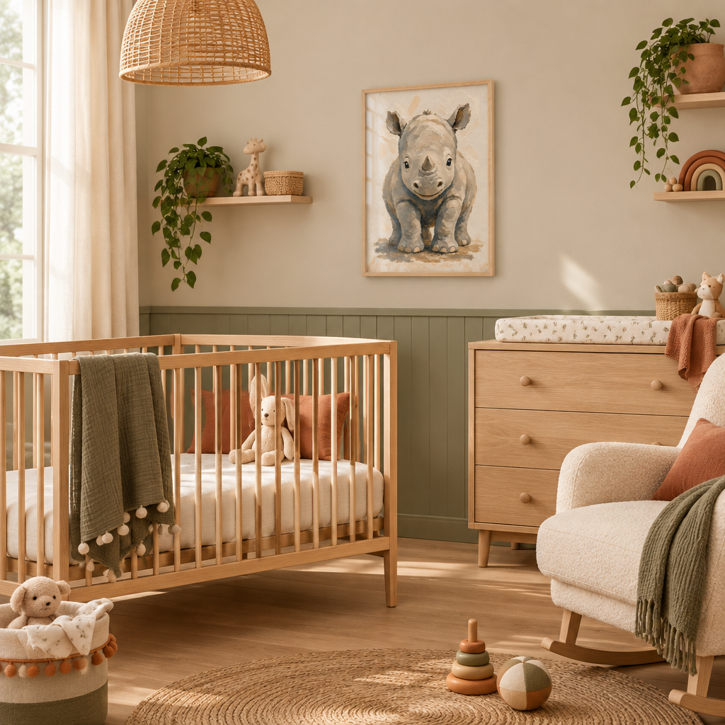 Tableau rhinocéros sous plexiglas avec cadre couleur bois dans une chambre de bébé