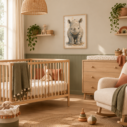 Tableau rhinocéros sous plexiglas avec cadre couleur bois dans une chambre de bébé