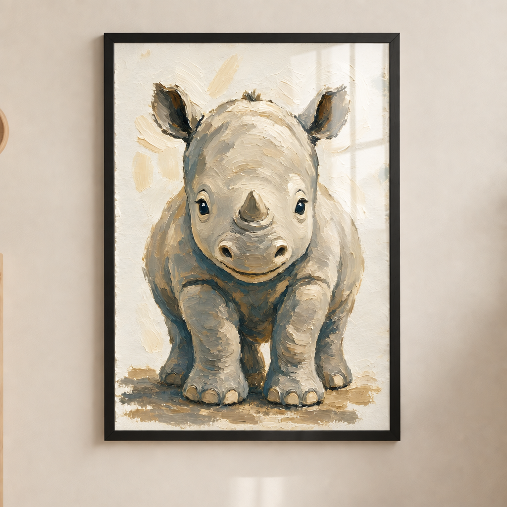 Tableau rhinocéros sous plexiglas avec cadre noir au mur