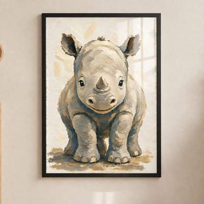 Tableau rhinocéros sous plexiglas avec cadre noir au mur