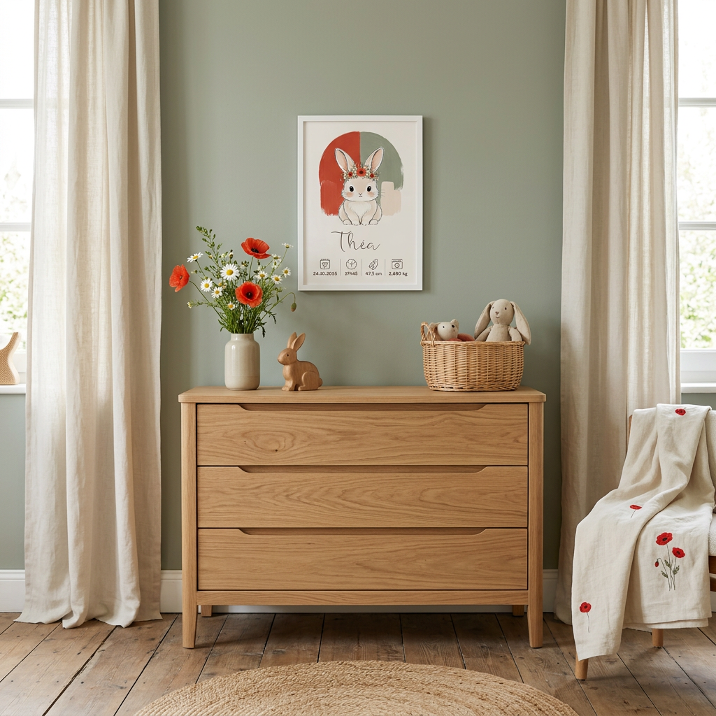 Théa en petit cadre blanc au-dessus d’une commode, décoration coquelicot et sauge