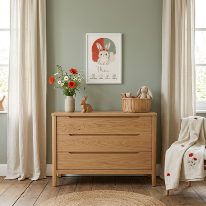 Théa en petit cadre blanc au-dessus d’une commode, décoration coquelicot et sauge