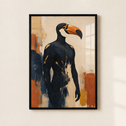 Toucan encadré sous plexiglas sur un mur crème