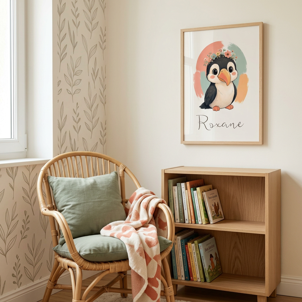 Toucan Roxane en bois clair dans un coin lecture jungle