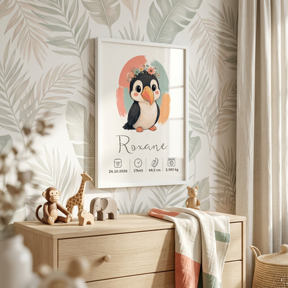 Toucan Roxane en cadre blanc dans une chambre jungle