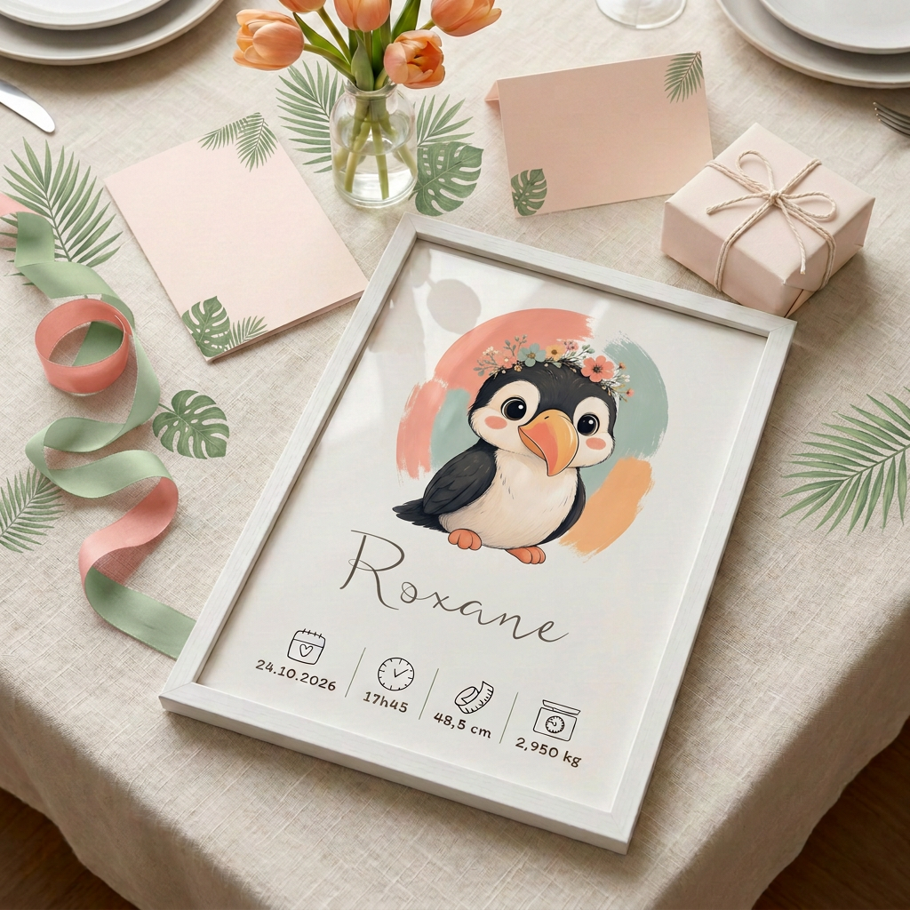 Toucan Roxane en cadre blanc présenté en cadeau