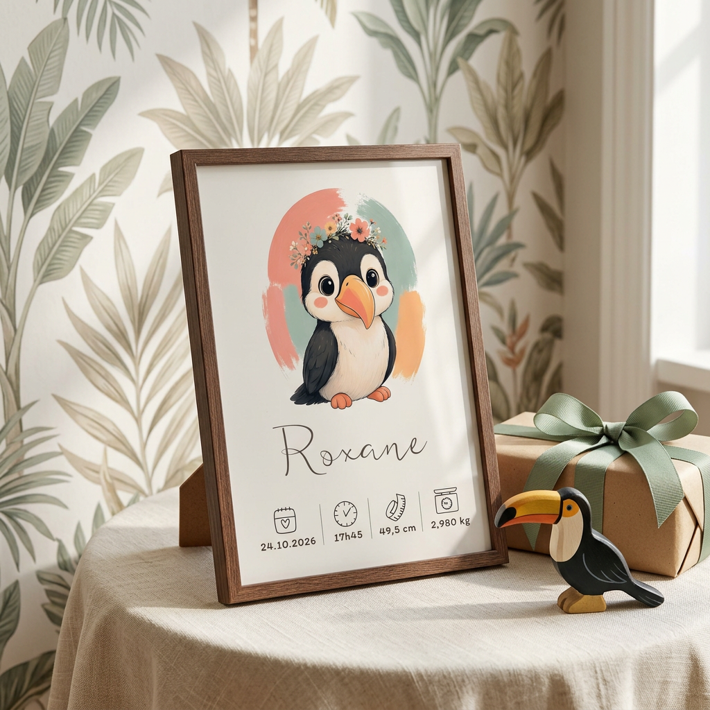 Toucan Roxane en cadre bois foncé présenté en cadeau