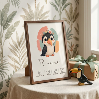 Toucan Roxane en cadre bois foncé présenté en cadeau