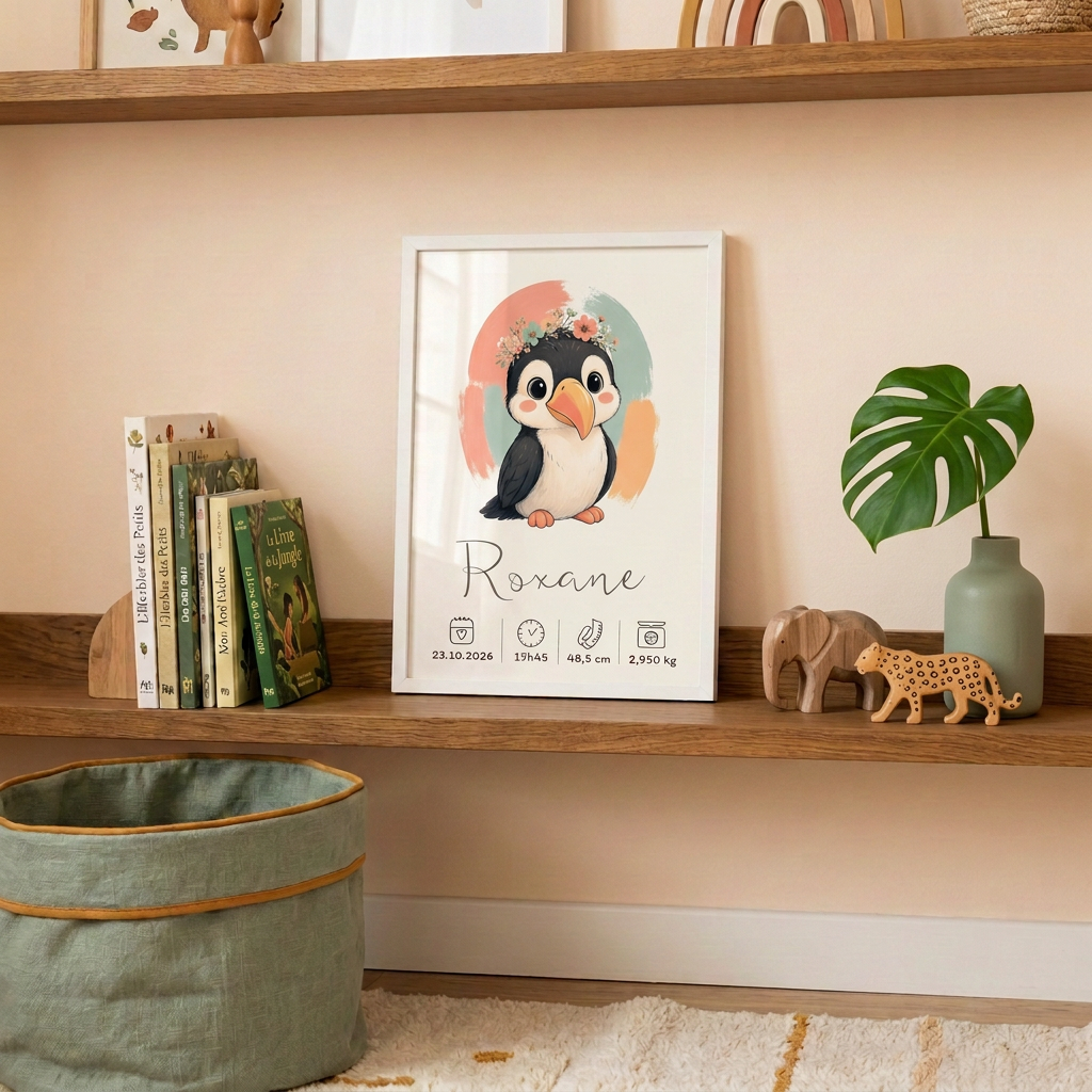 Toucan Roxane sur une étagère au décor jungle