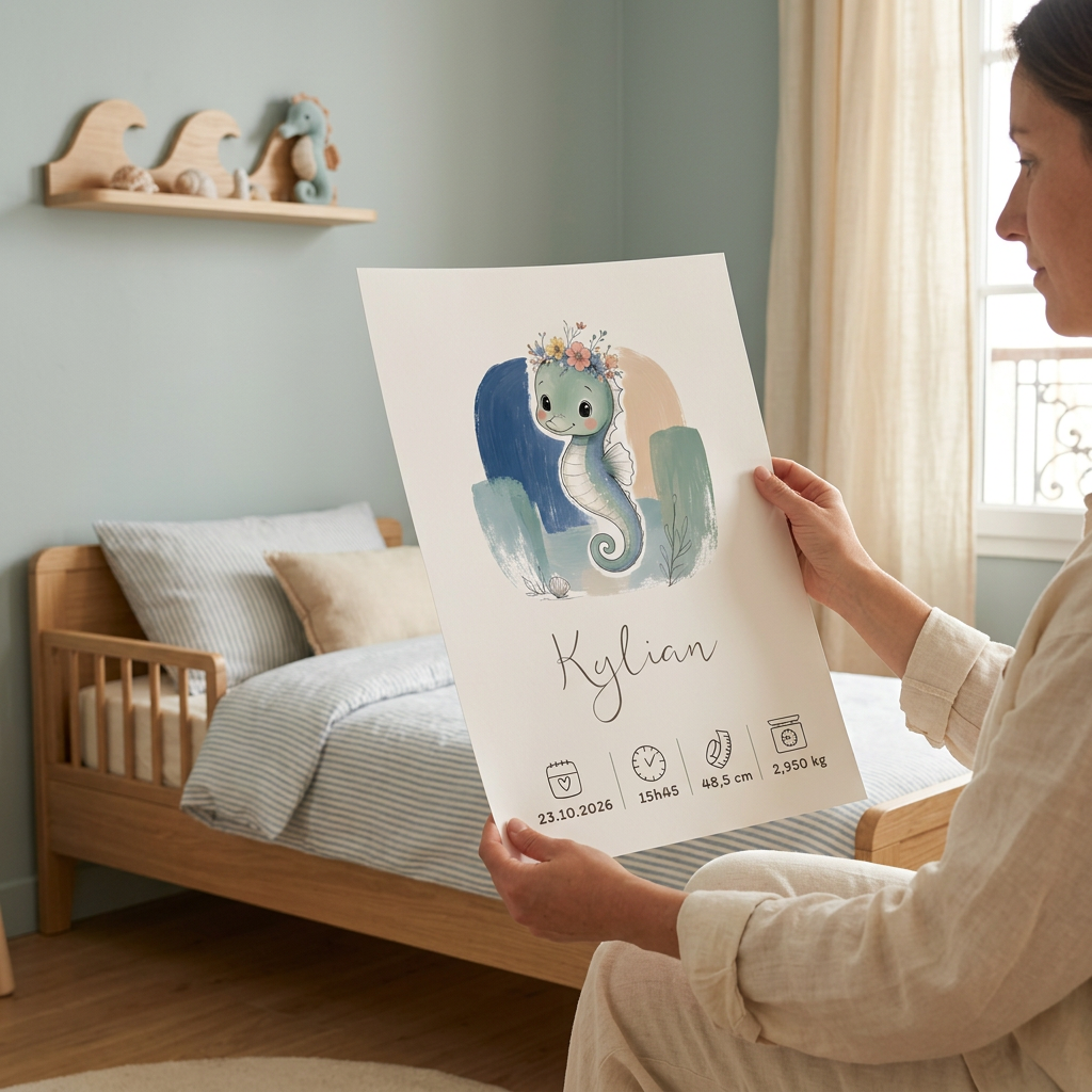 Un parent découvre le poster Hippocampe Kylian dans une chambre d’enfant française au thème marin