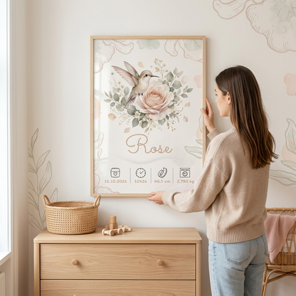 Une femme accroche au mur le cadre Rose en bois clair avec plexiglas