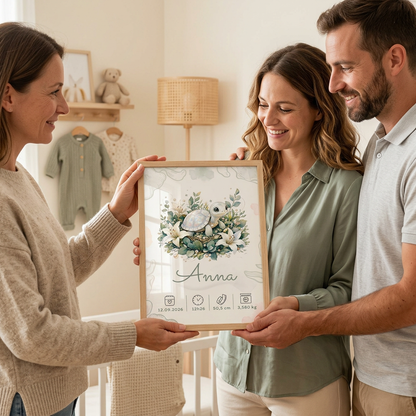 Une femme offre aux parents l’affiche Anna dans un cadre en bois clair avec plexiglas