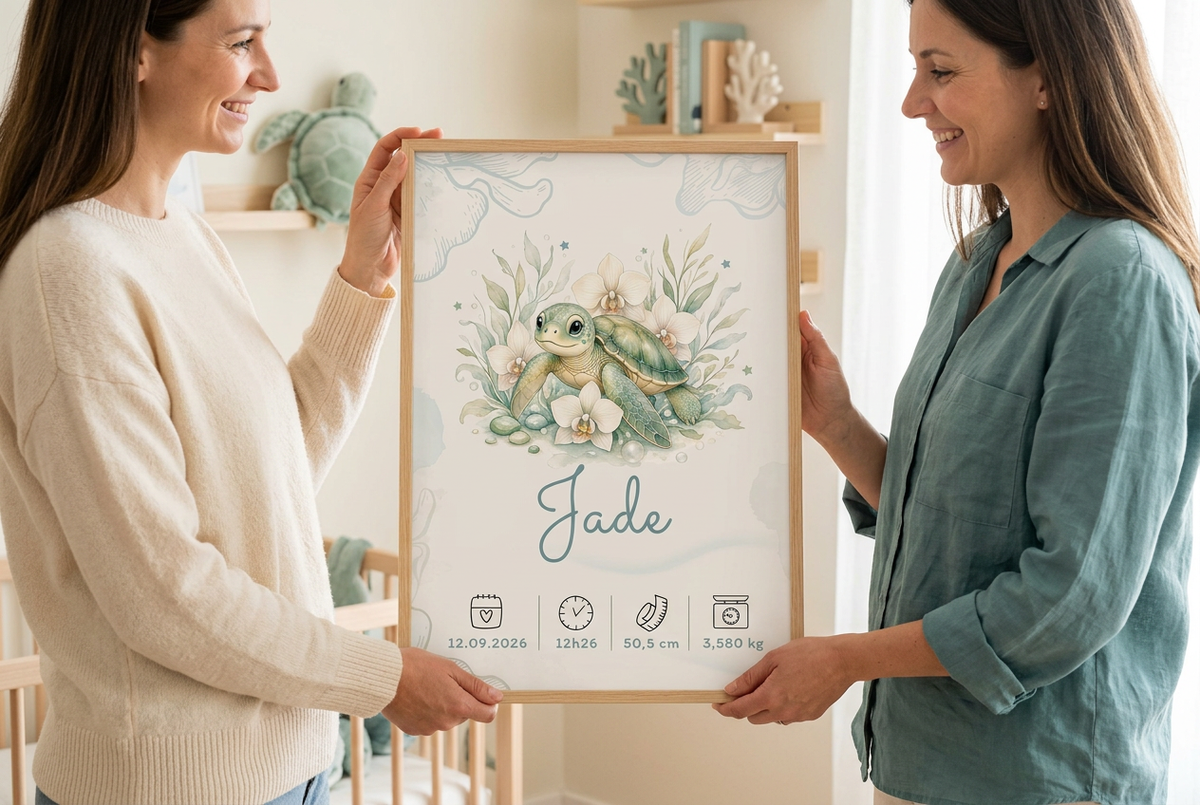 Une femme offre le cadre Jade en bois clair à une autre femme