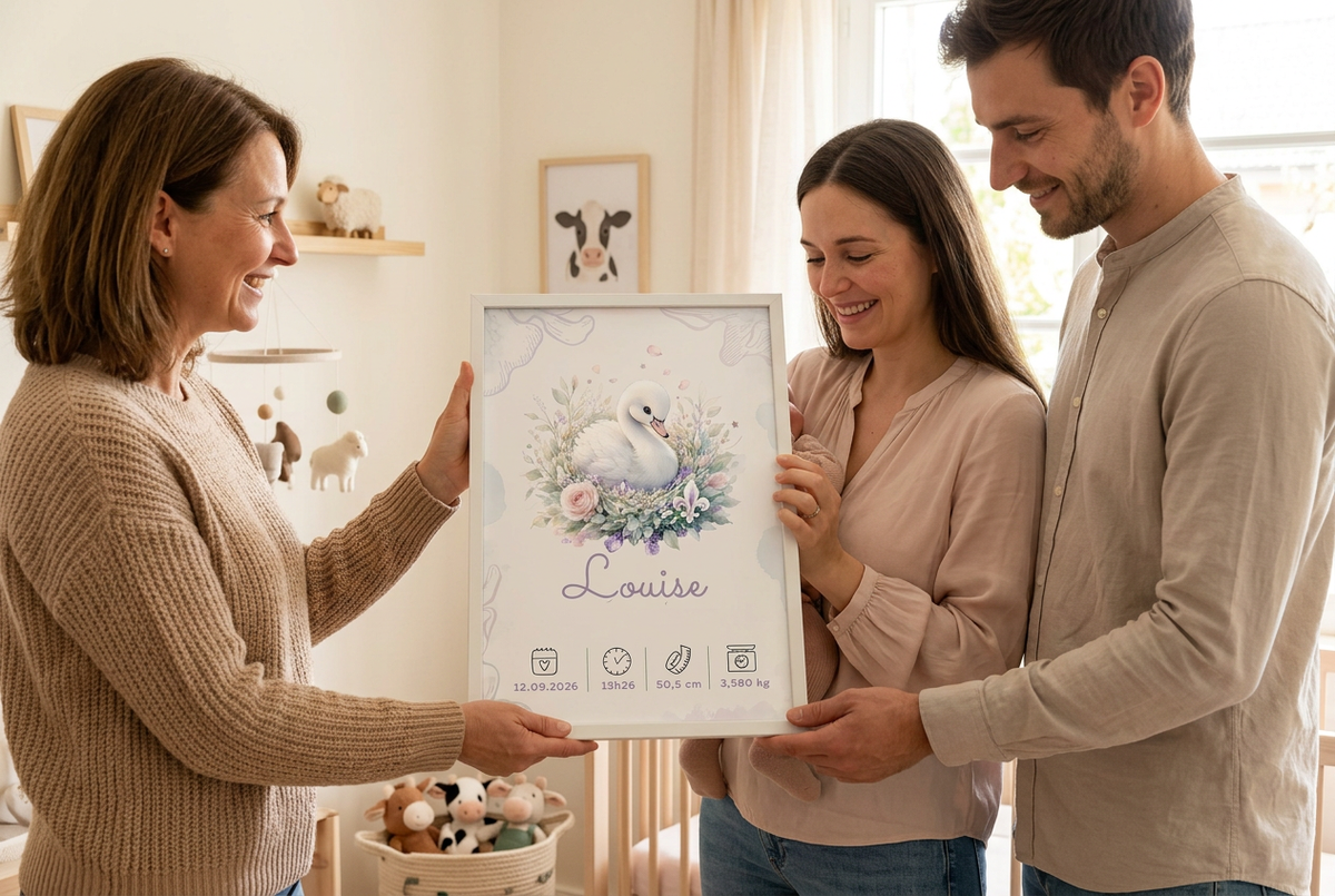 Une femme offre le cadre Louise blanc avec plexiglas à deux parents