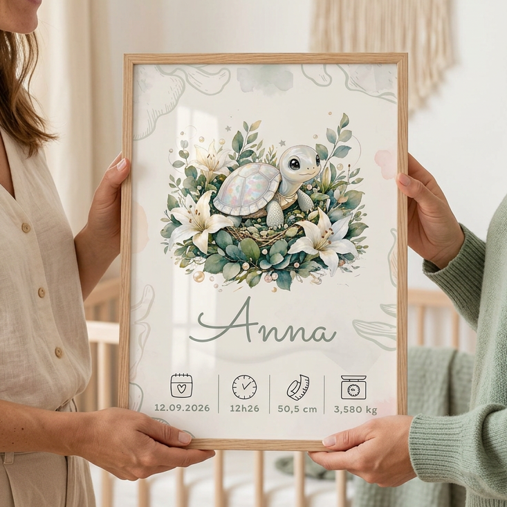 Une femme offre à son amie l’affiche Anna dans un cadre A4 en bois clair avec plexiglas