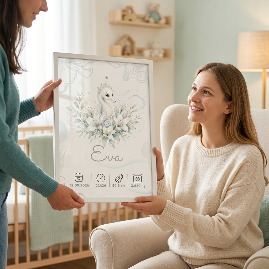 Une femme offre à une maman l’affiche Eva dans un cadre blanc avec plexiglas