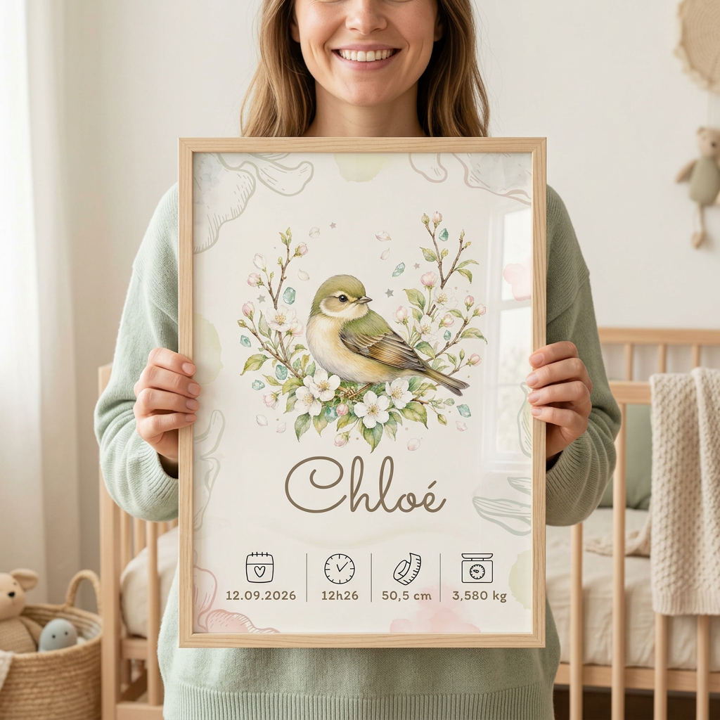 Une femme tient le cadre Chloé en bois clair avec plexiglas, face à l’objectif