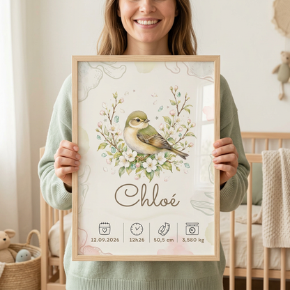 Une femme tient le cadre Chloé en bois clair avec plexiglas, face à l’objectif