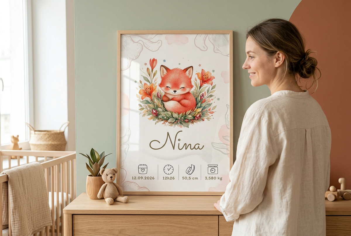 Une maman regarde l’affiche Nina encadrée en bois clair avec plexiglas dans la chambre de son bébé