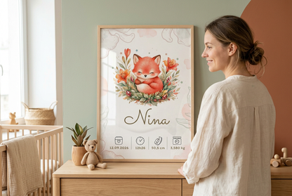 Une maman regarde l’affiche Nina encadrée en bois clair avec plexiglas dans la chambre de son bébé