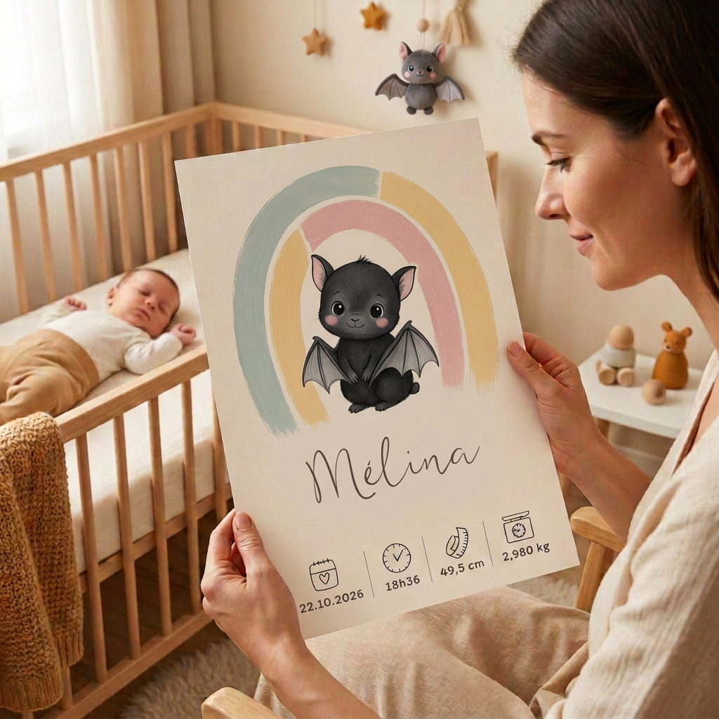 Une maman tient le poster de naissance Mélina près de son bébé dans une chambre pastel