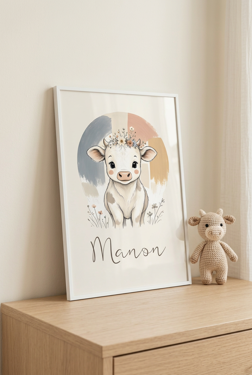 Vache Manon dans un cadre blanc sur une commode