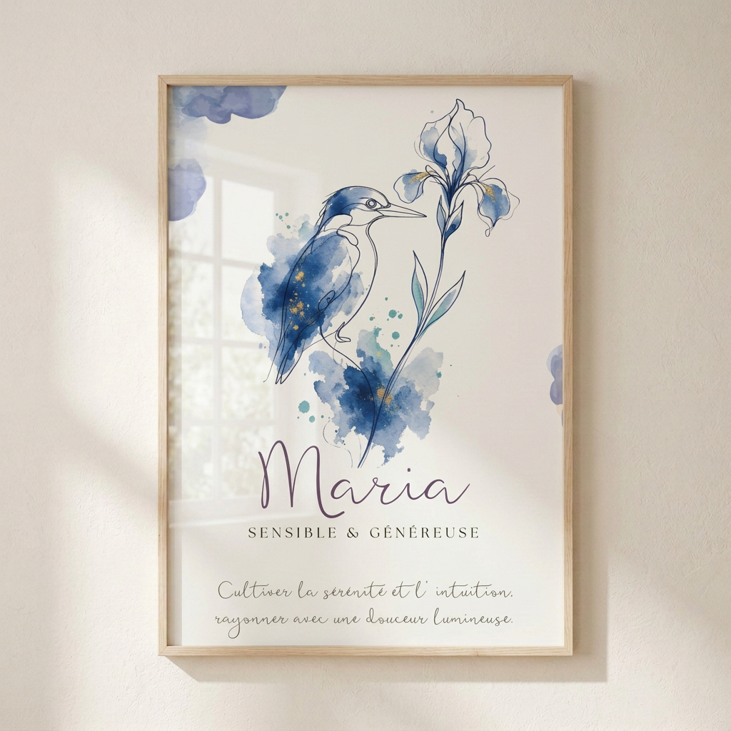 Affiche prénom Maria encadrée – Martin-pêcheur et iris bleu