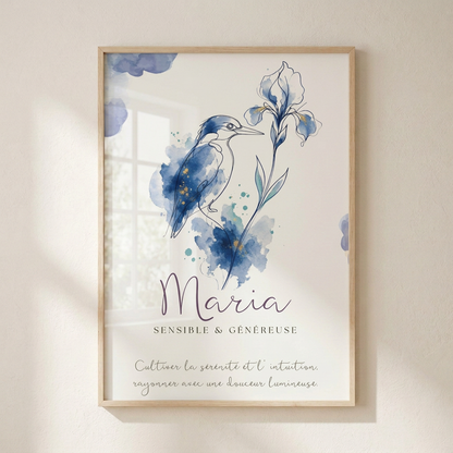 Affiche prénom Maria encadrée – Martin-pêcheur et iris bleu