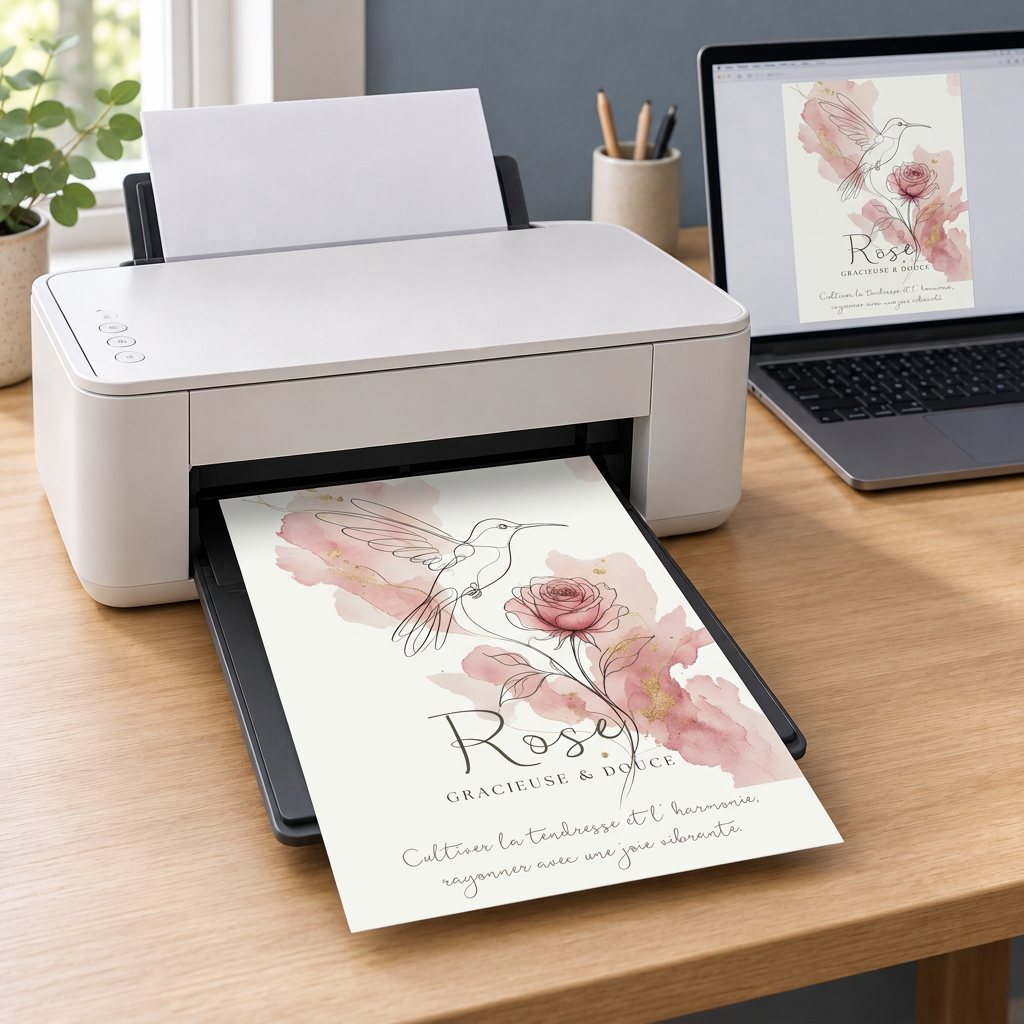 Visuel Rose sur l’écran et sur la feuille sortant de l’imprimante, dans le même décor