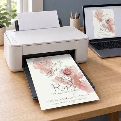 Visuel Rose sur l’écran et sur la feuille sortant de l’imprimante, dans le même décor