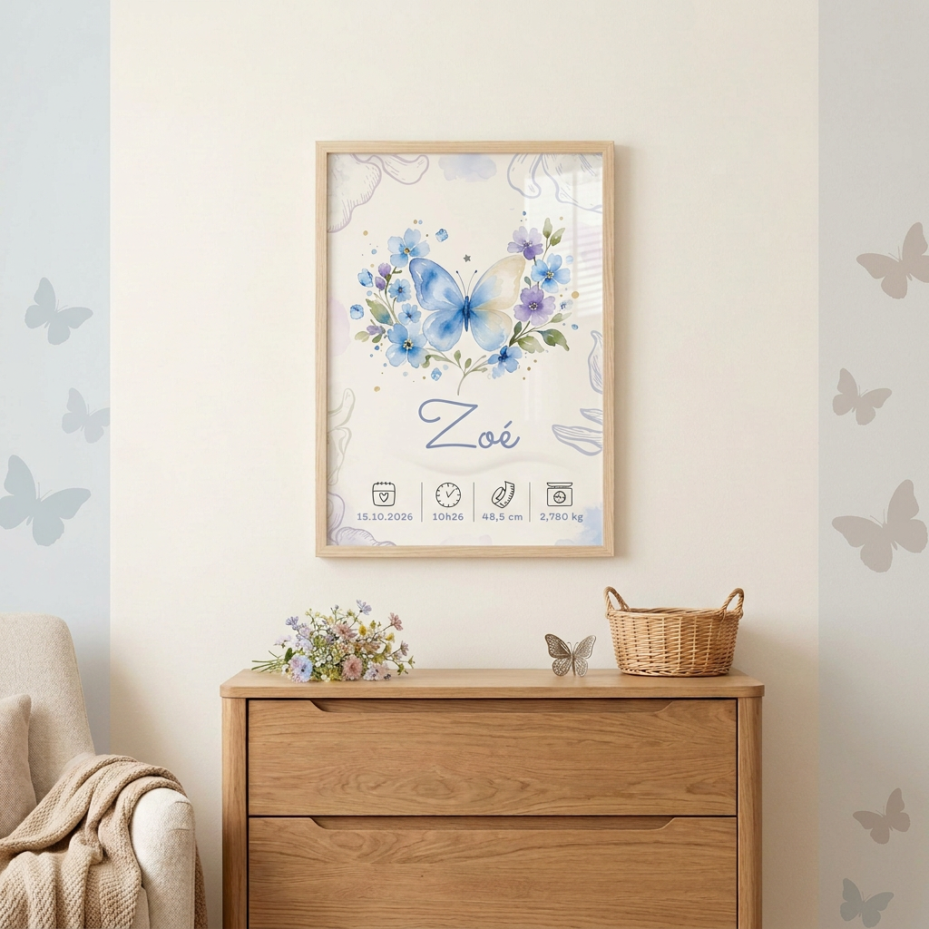 Zoé dans une chambre printanière aux papillons bleu ciel et violet