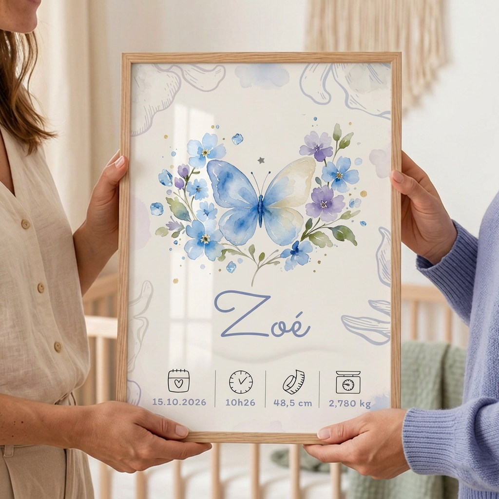 Zoé offerte en cadeau dans un cadre A4 en bois clair avec plexiglas