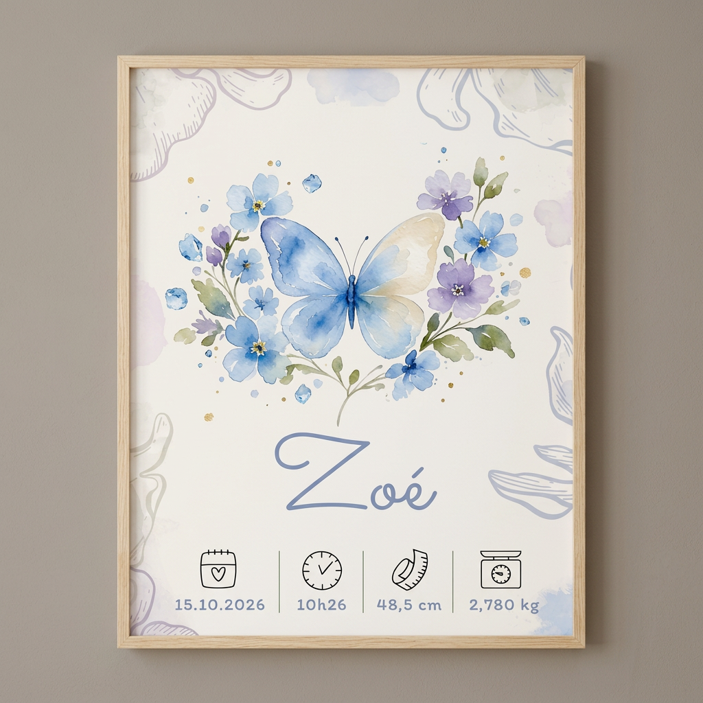 Affiche de naissance Zoé personnalisée encadrée