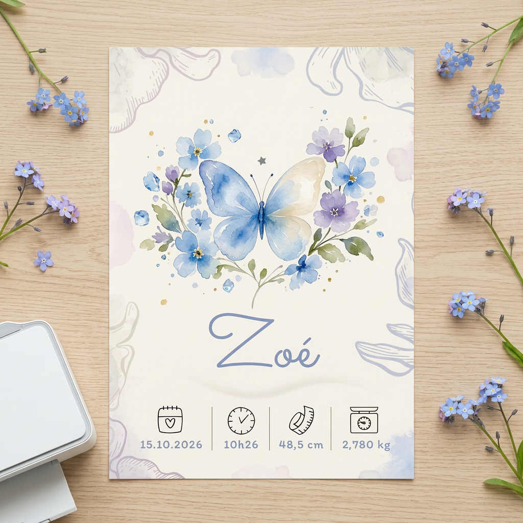 Affiche de naissance Zoé personnalisée – Papillon, fichier numérique