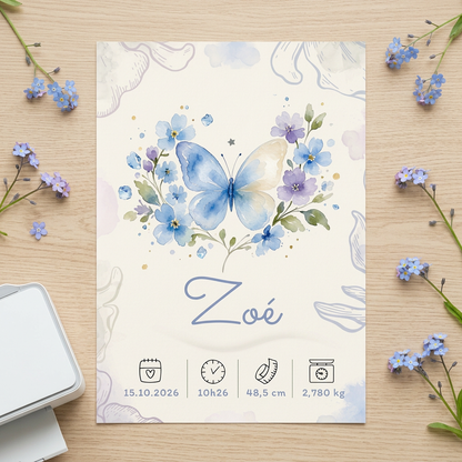 Affiche de naissance Zoé personnalisée – Papillon, fichier numérique