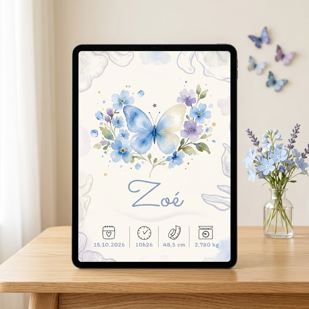 Affiche de naissance Zoé personnalisée – Papillon, fichier numérique