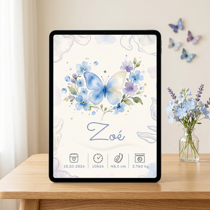 Affiche de naissance Zoé personnalisée – Papillon, fichier numérique